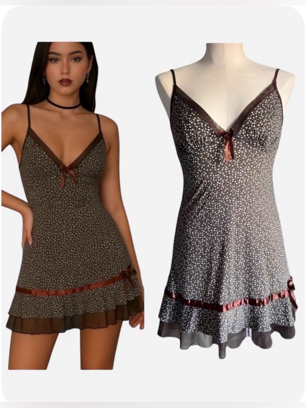 Floral Y2K 00’ Slip Dress Sz S / M Empire Waist V Neck Brown Ditsy Mini Dress
